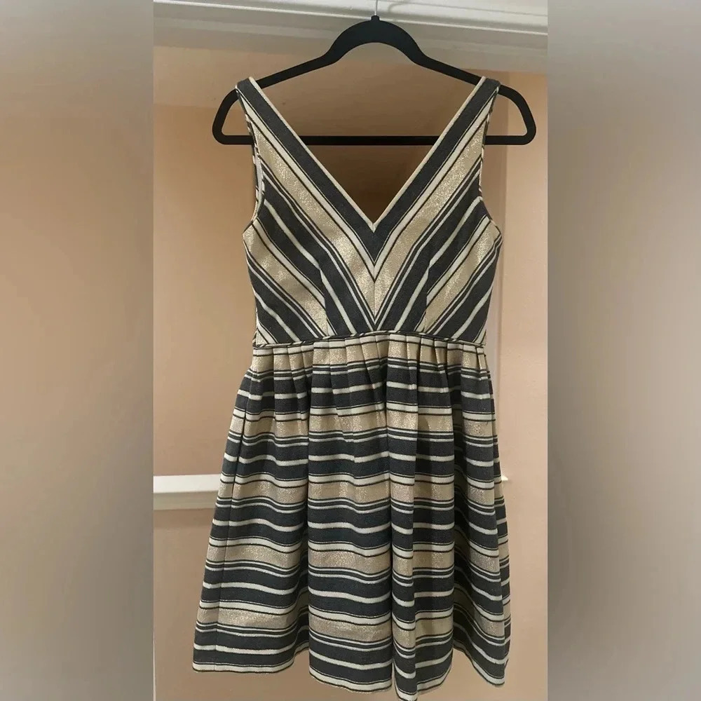 NWOT-J CREW Factory Holiday Gold Gray V Neck Striped Mini Dress. Size 4 Petite - Picture 10 of 13